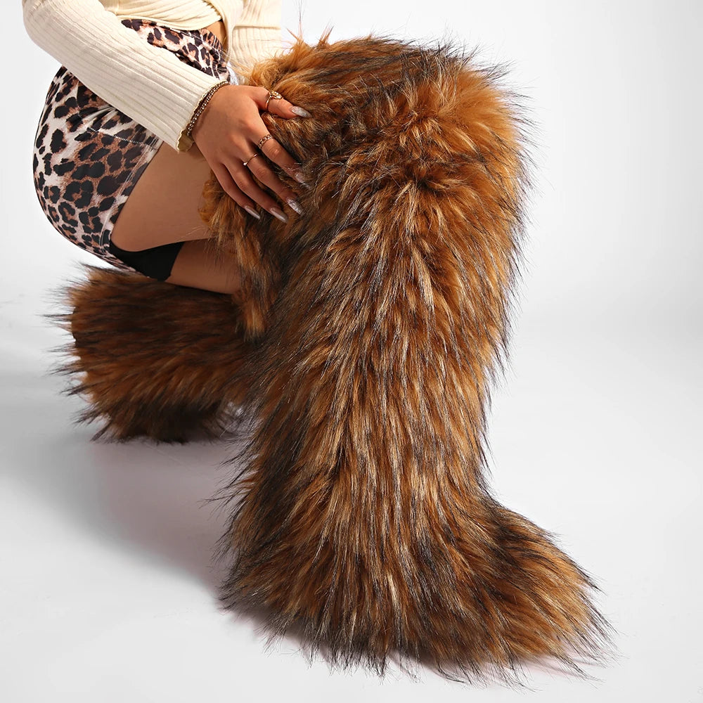 Women's Cozy Faux Fur over the Knee Boots Thigh High Fluffy Y2K Furry Fuzzy Warm Outdoor Comfortable Girls Boot