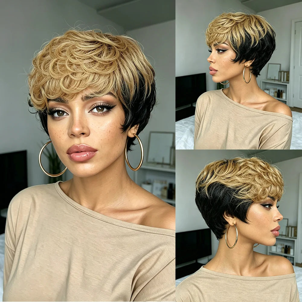 Curly Bob Wig Human Hair Black Champagne Color Hair With Bangs Machine Made Affordable Remy Fluffy Human Hair Wig