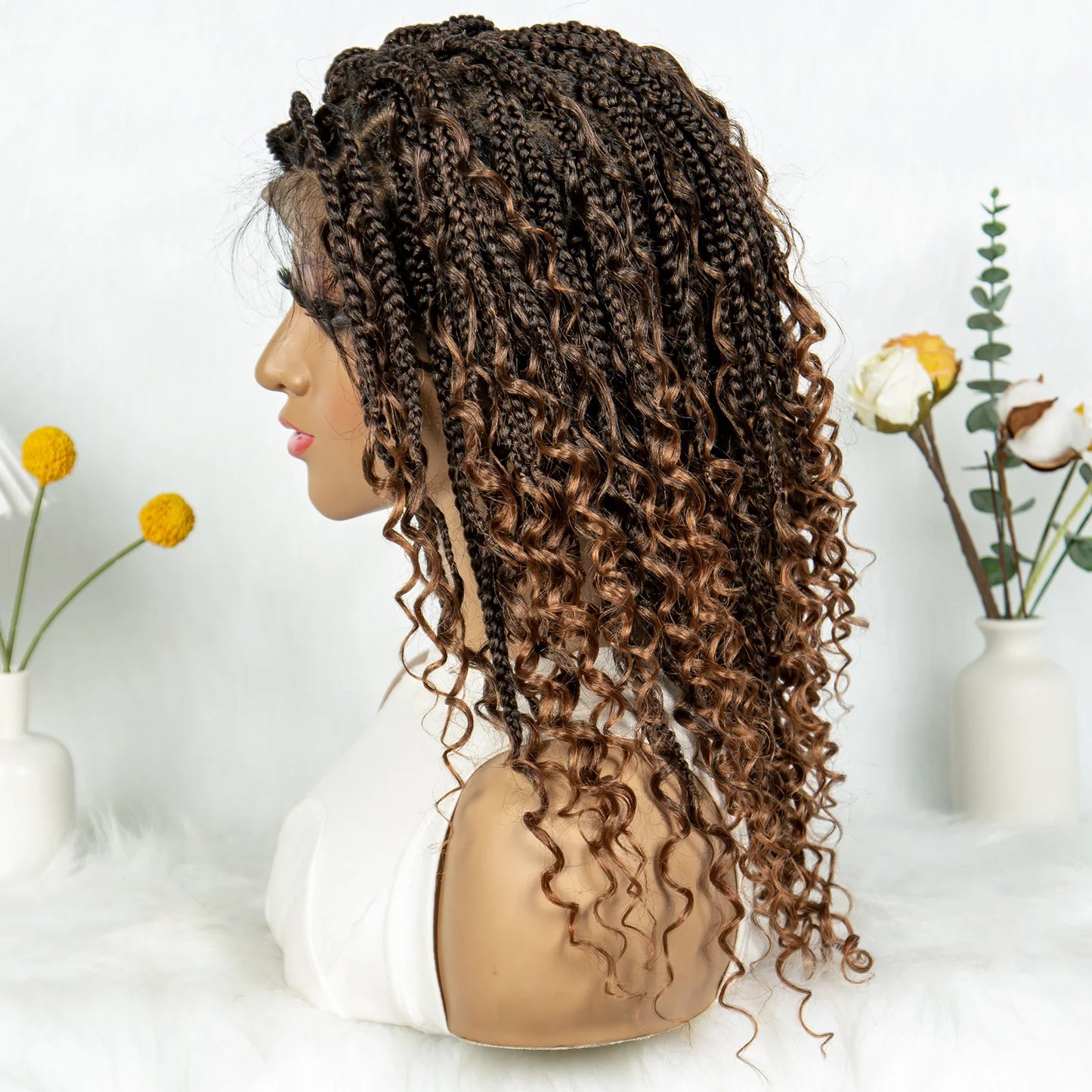 Kima Short Bohemian Box Braids Braided Wig Full Lace Boho Braided Wigs Synthetic Curly Hair with Baby Hair for Black Women