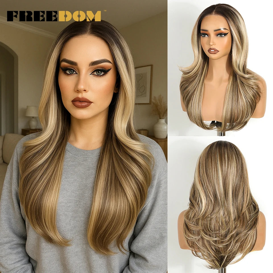 FREEDOM Layered Synthetic Lace Front Wigs For Women 20 Inch Ombre Blonde Wavy  6X4 Pre Plucked Wear And Go Glueless Lace Wigs