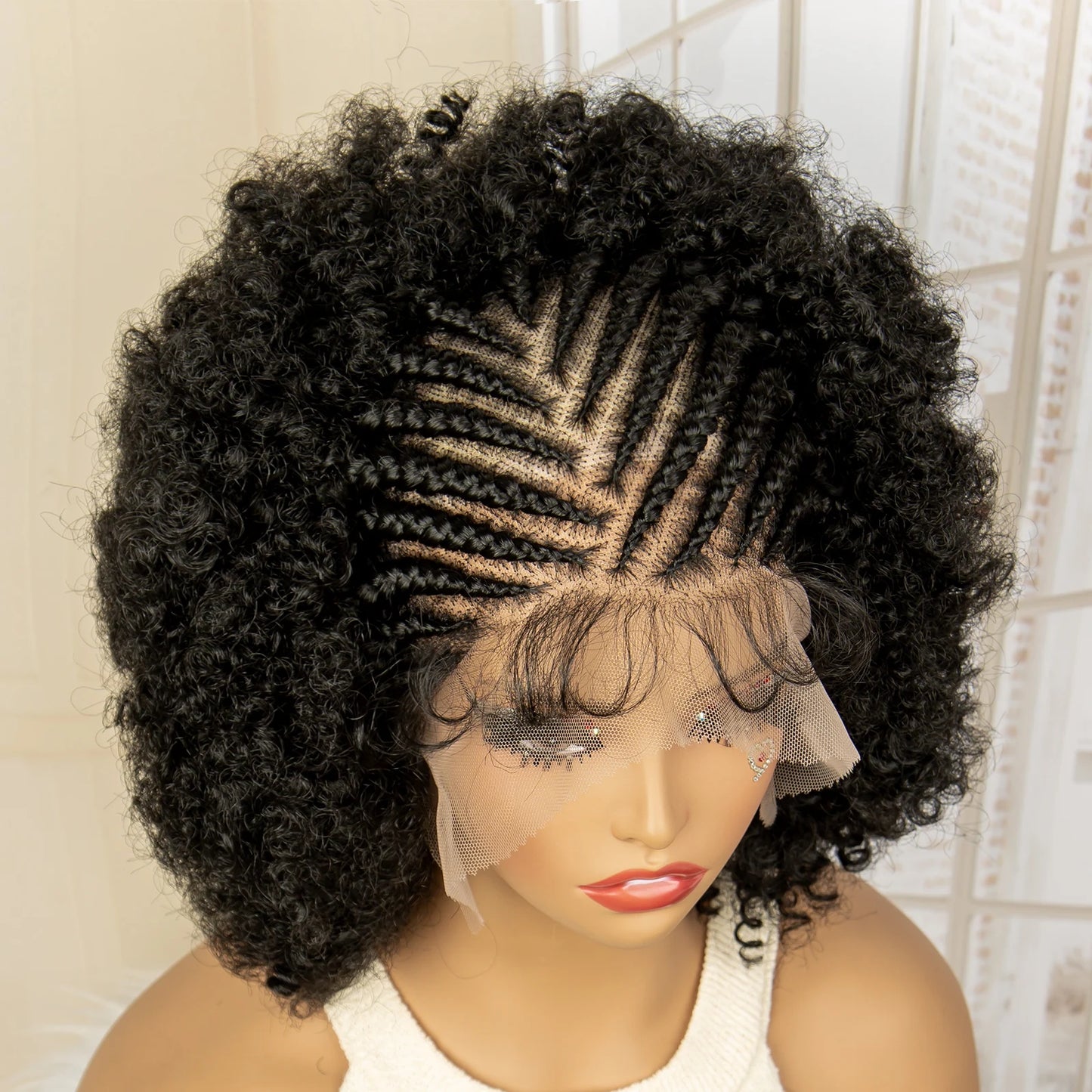 Full Lace Afro Braided Wig for Women African Wig Cornrow Braids Lace Wig with Baby Hair 8 Inch Short Kinky Curly Braid Wigs