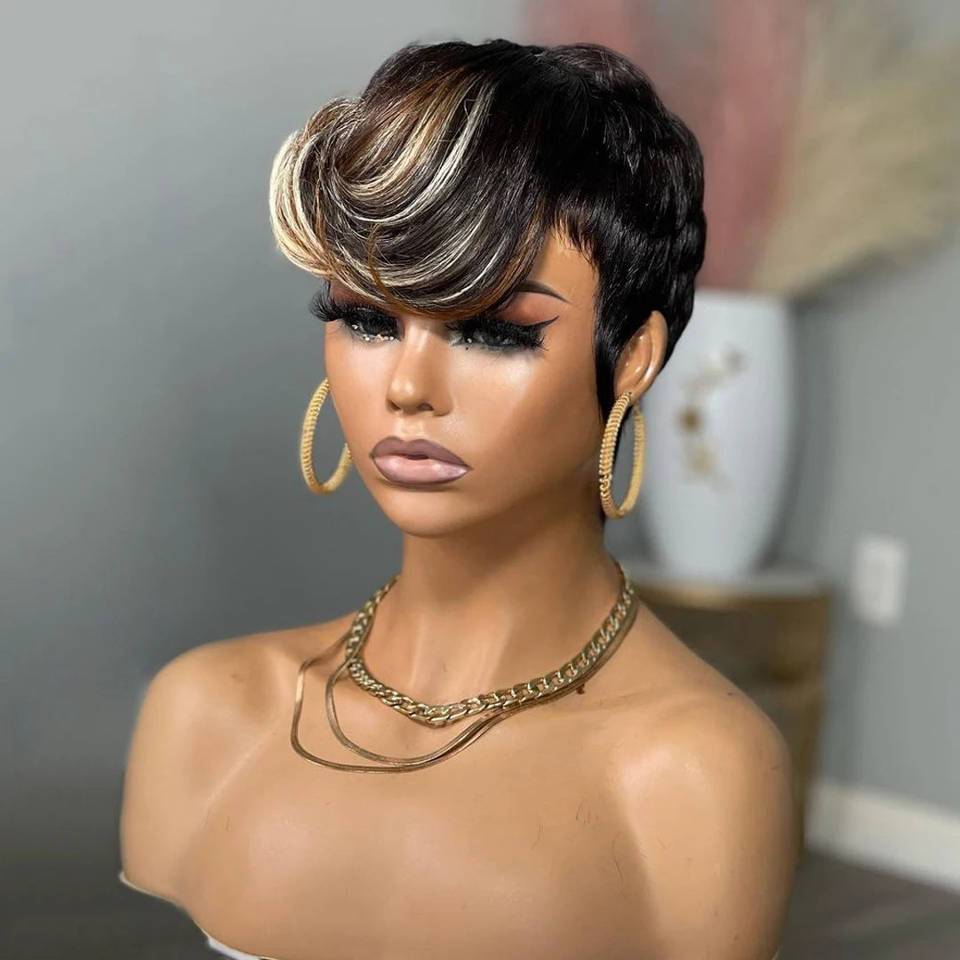 Short Pixie Cut Wigs Human Hair Blonde Green Highlight Short Bob Wigs 613 Burgundy 99J Colored Brown full Machine made Wigs