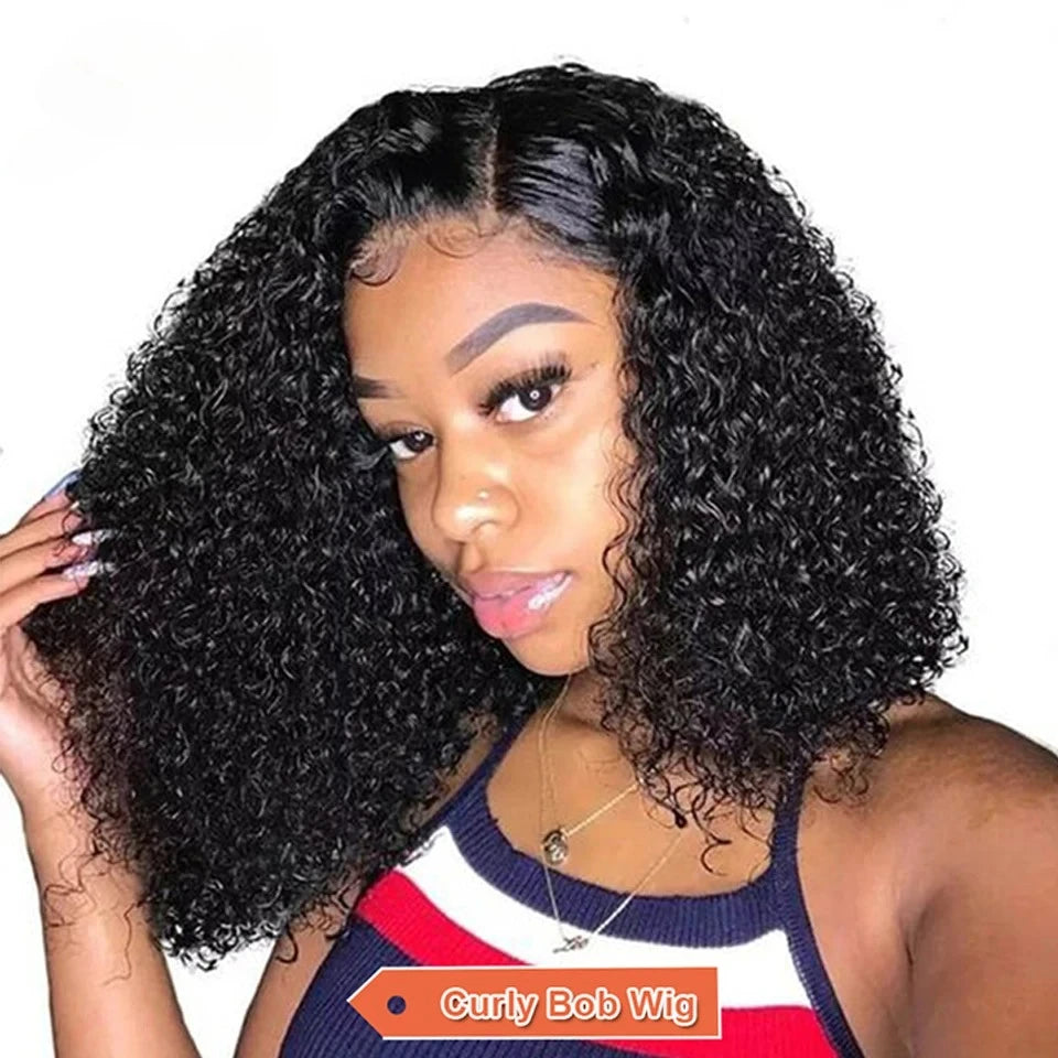 4C Human Hair Deep Glueless Short Bob Wig 10-14 Inch Deep Wave Lace Front Bob Wigs 100% Human Hair 13x6x2 Middle Part Bob Wigs