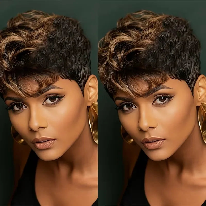 Curly Human Hair Wigs Pixie Cut Wig Coffee Brown 100%Human Hair Wig Short Kinky Curly Human Hair Full Machine Wig