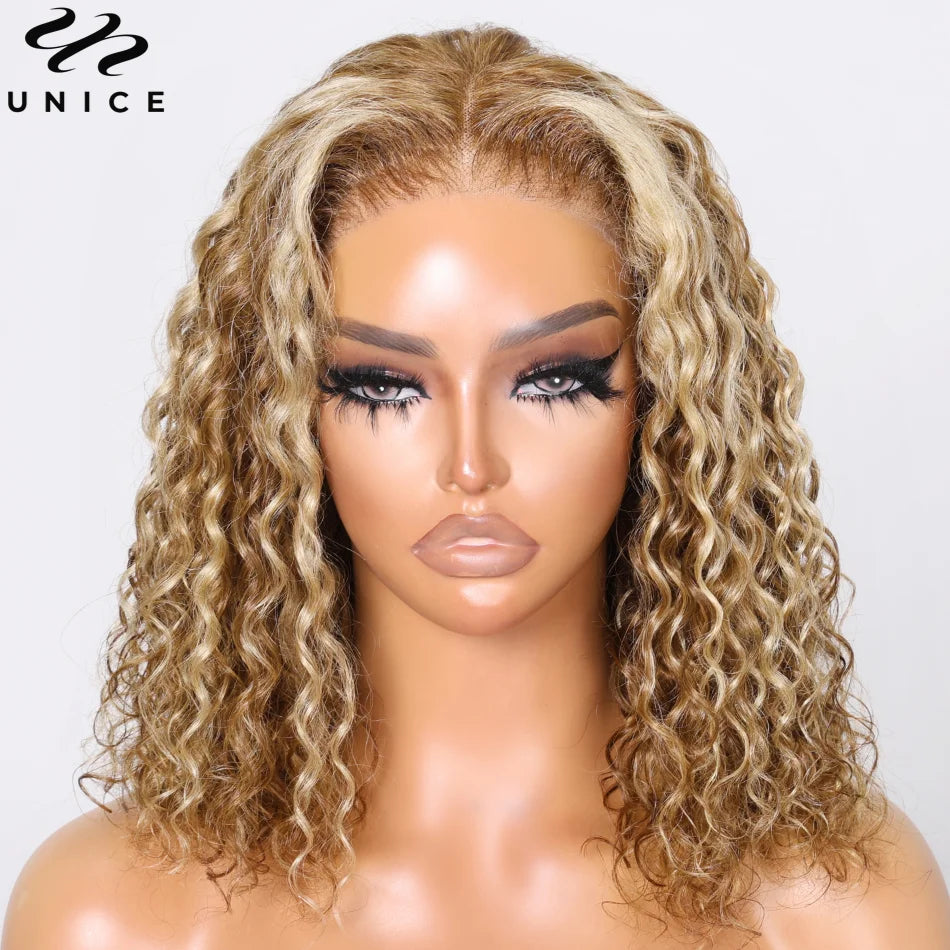 Unice Hair Blonde Highlight Water Wave Bob Wig 7x5 Bye Bye Slip Pre Cut Pre Bleached Glueless Wigs Human Hair Ready To Wear