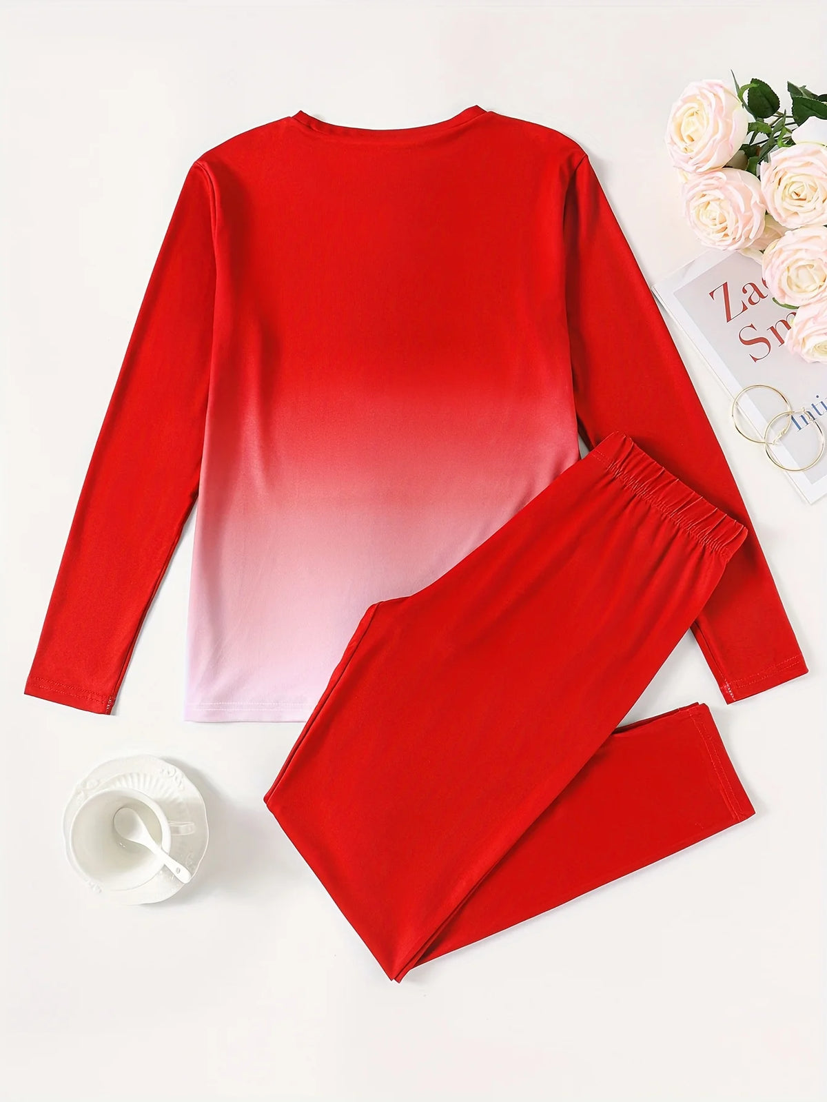 [Two-Piece Set] Gradient Color Crown Print Casual Autumn Winter Long Sleeve Round Neck Women's Pants Two-Piece Set