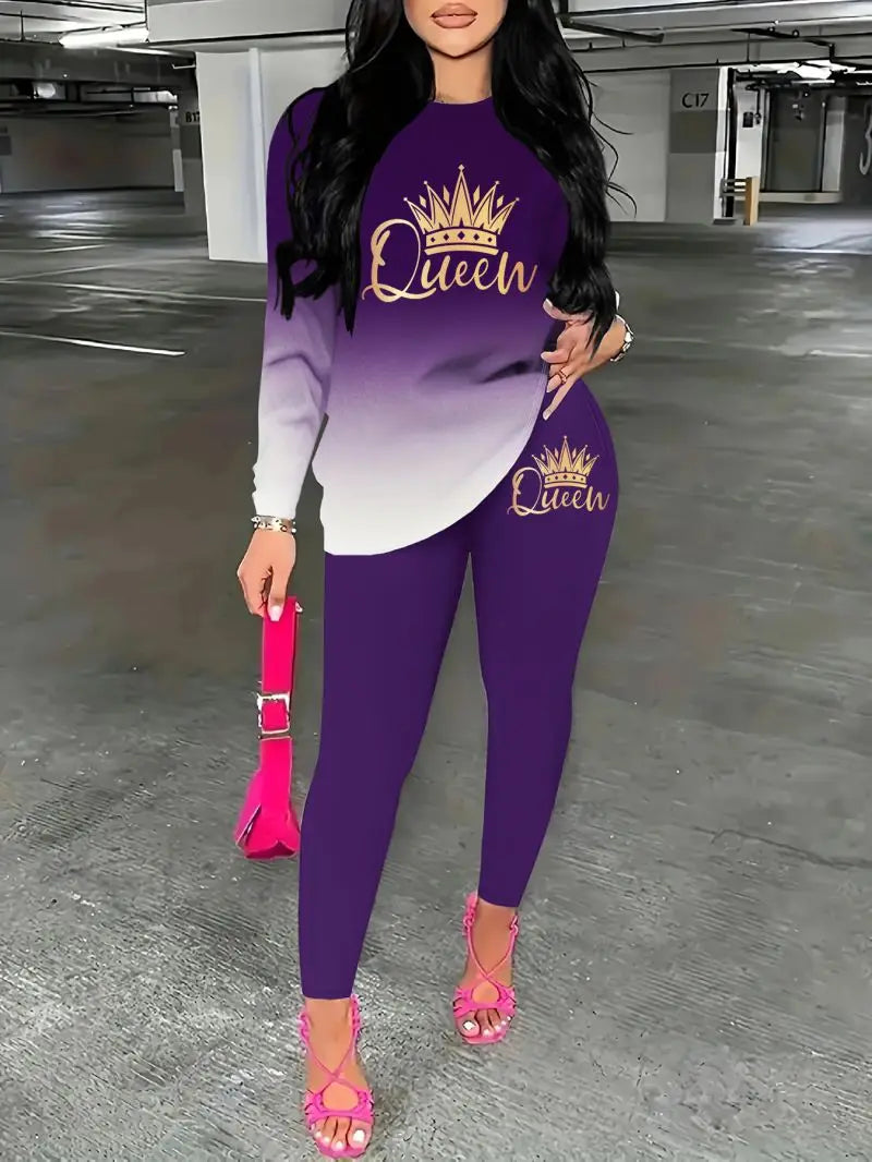 Simple long sleeved T-shirt with small leg pants, comfortable and slimming women's daily commuting outfit set