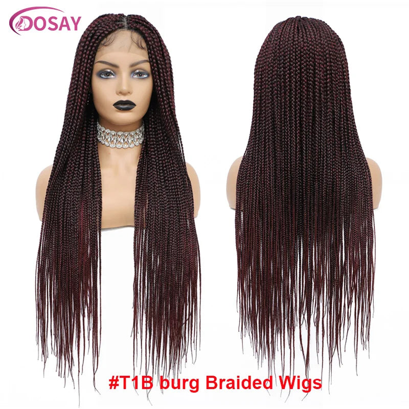 36Inch Burgundy Synthetic Long Box Braided Wig Full Lace Straight Knotless Cornrow Braid with Baby Hair for Women