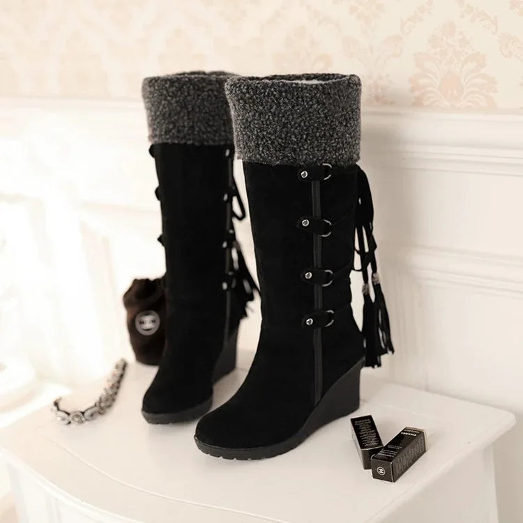 Women's High Boots 2022 Winter Fashion Lace-up Tassel Long Boots Women Platform Wedge Snow Boots Warm Cotton Boots Botas Mujer