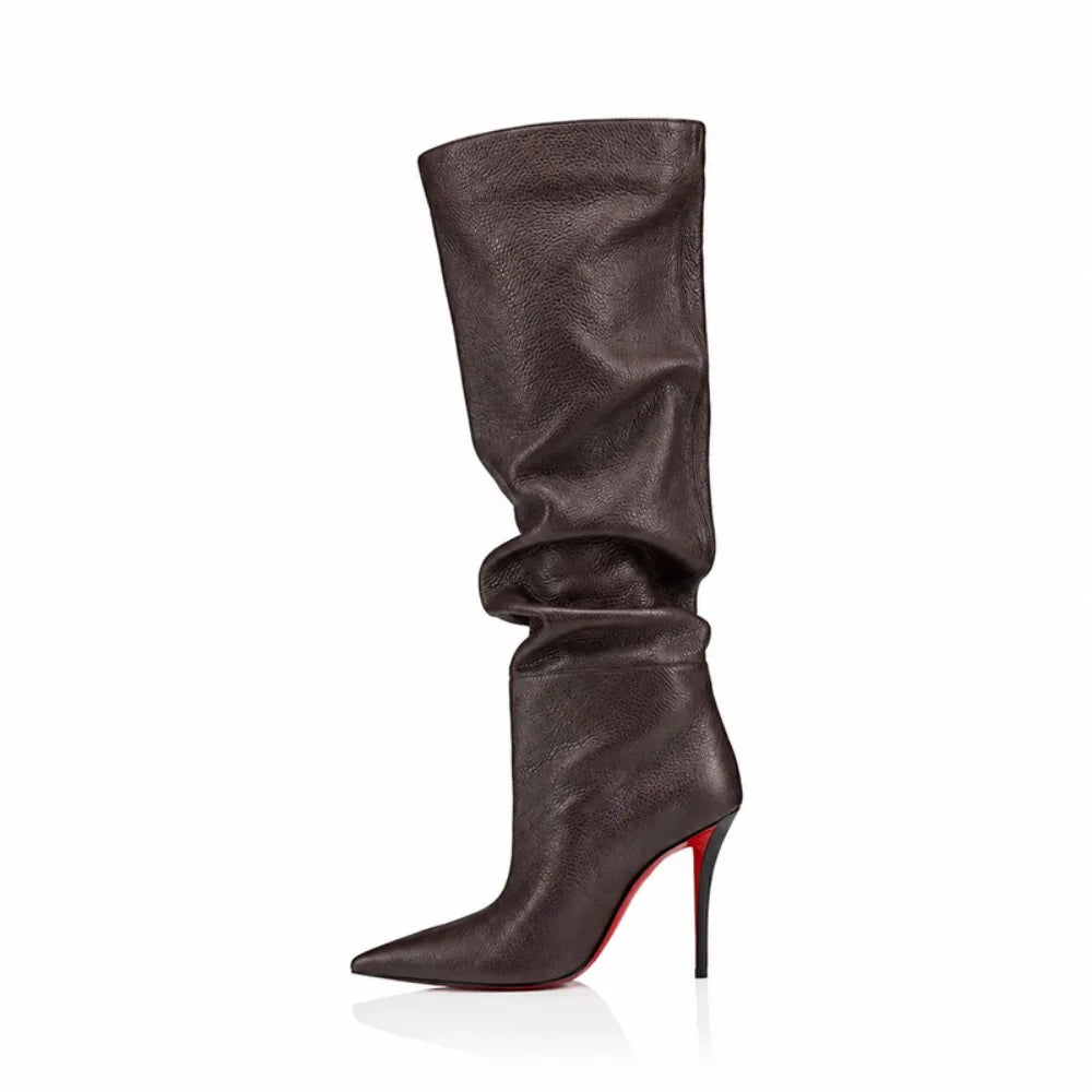 Ladies Ruched Knee‑High Leather Boots Pointed Toe Thin Stiletto Heel Long Booties Chic Dress Shoes for Club & Urban Occasions