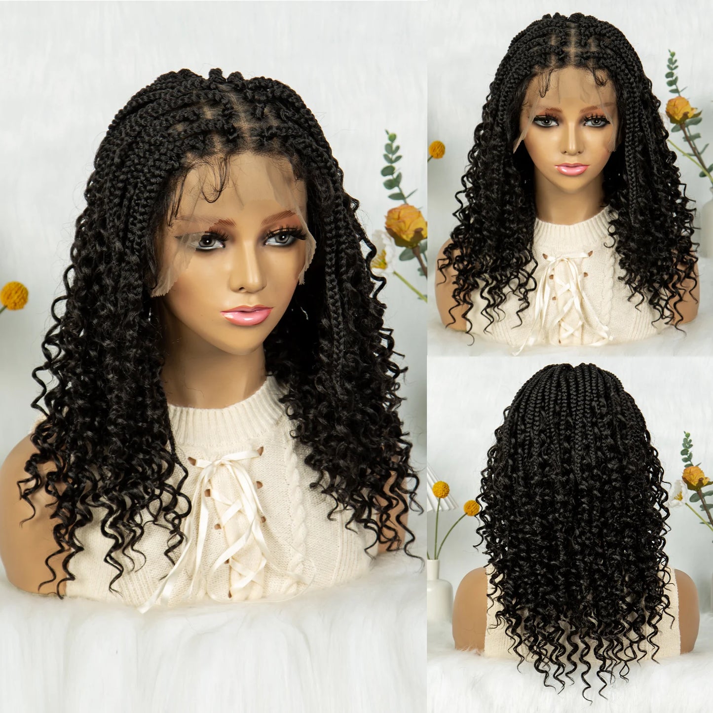 Kima Short Bohemian Box Braids Braided Wig Full Lace Boho Braided Wigs Synthetic Curly Hair with Baby Hair for Black Women