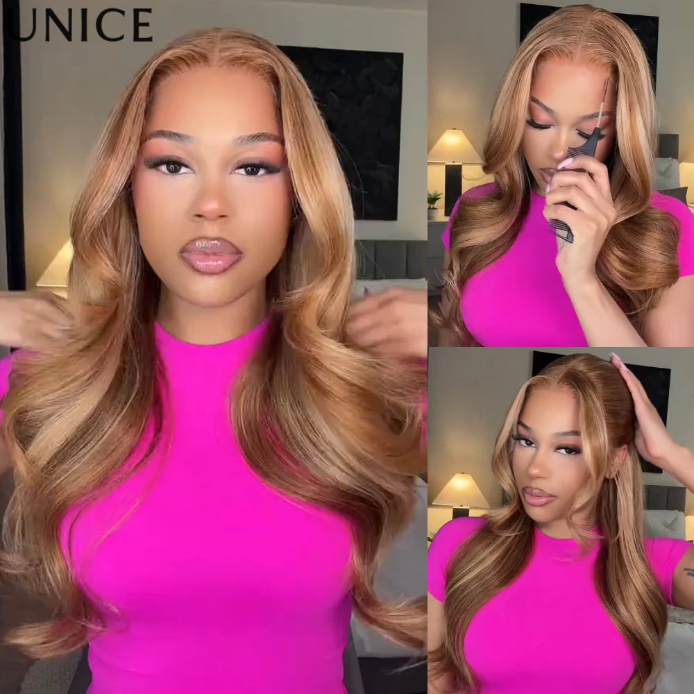 UNice Honey Blonde Highlights Body Wave Human Hair Wig With Drawstring 7x5 Lace Pre Cut Pre Bleached Glueless Wig 150% Density