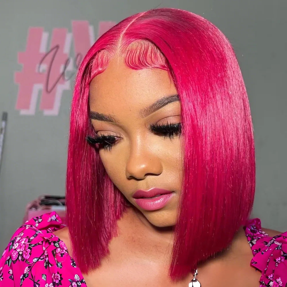 Hot Pink Color Short Straight Bob Wig 180% Density 13x4 Lace Front Human Hair Wig Perfect For Creating A Natural Look