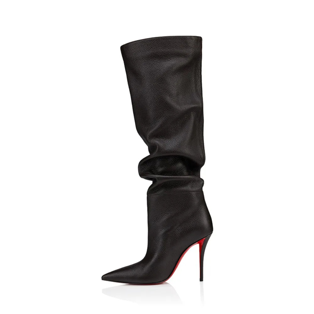 Ladies Ruched Knee‑High Leather Boots Pointed Toe Thin Stiletto Heel Long Booties Chic Dress Shoes for Club & Urban Occasions