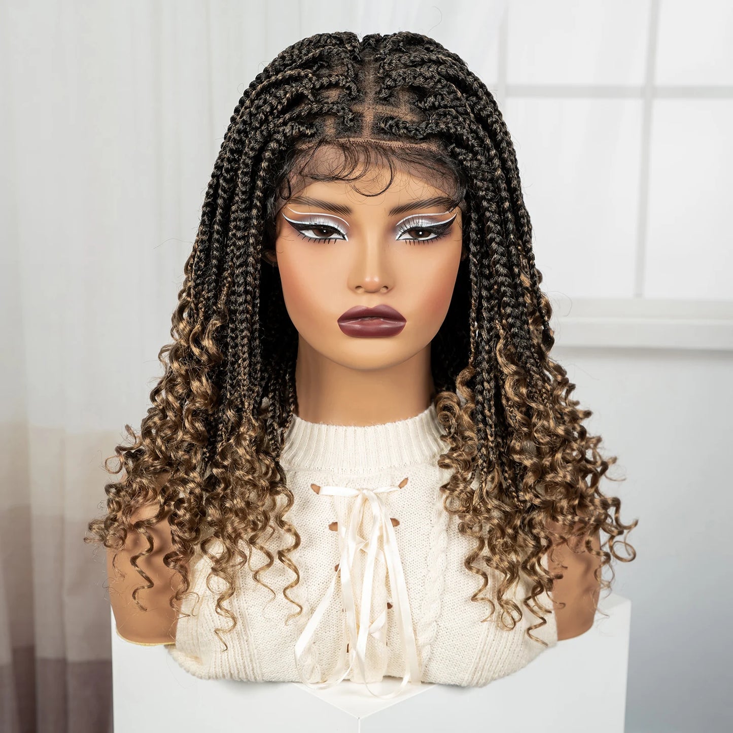 Knotless Box Boho Braided Wigs with Curly Ends Synthetic Full Lace Braided Lace Wigs Short Braided Bob Wig for Black Women