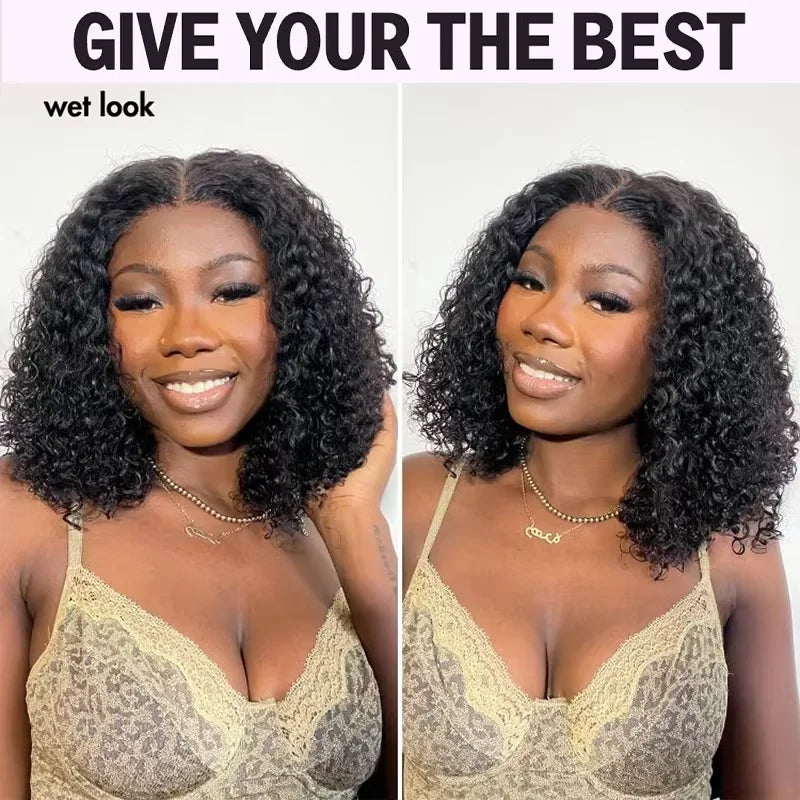 4C Human Hair Deep Glueless Short Bob Wig 10-14 Inch Deep Wave Lace Front Bob Wigs 100% Human Hair 13x6x2 Middle Part Bob Wigs