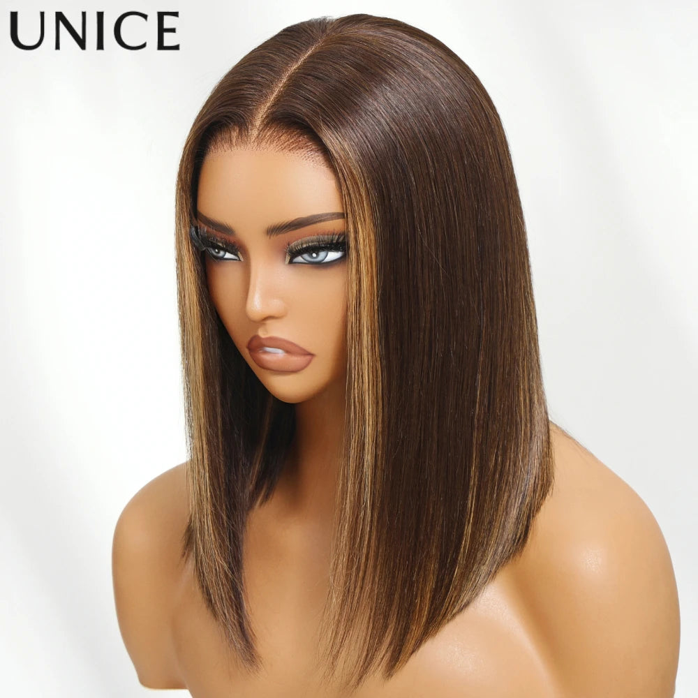 UNice Espresso Brown With Highlights Straight Bob Wig No-Slip 7x5 Lace Glueless Wig Human Hair Ready To Wear