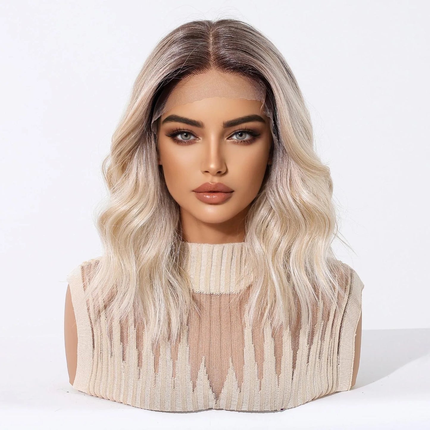 Topshe 13x6 HD Lace Front Short Wig Deep Root Gradient Platinum Blonde Curly Heat Resistant Synthetic Wigs for Women