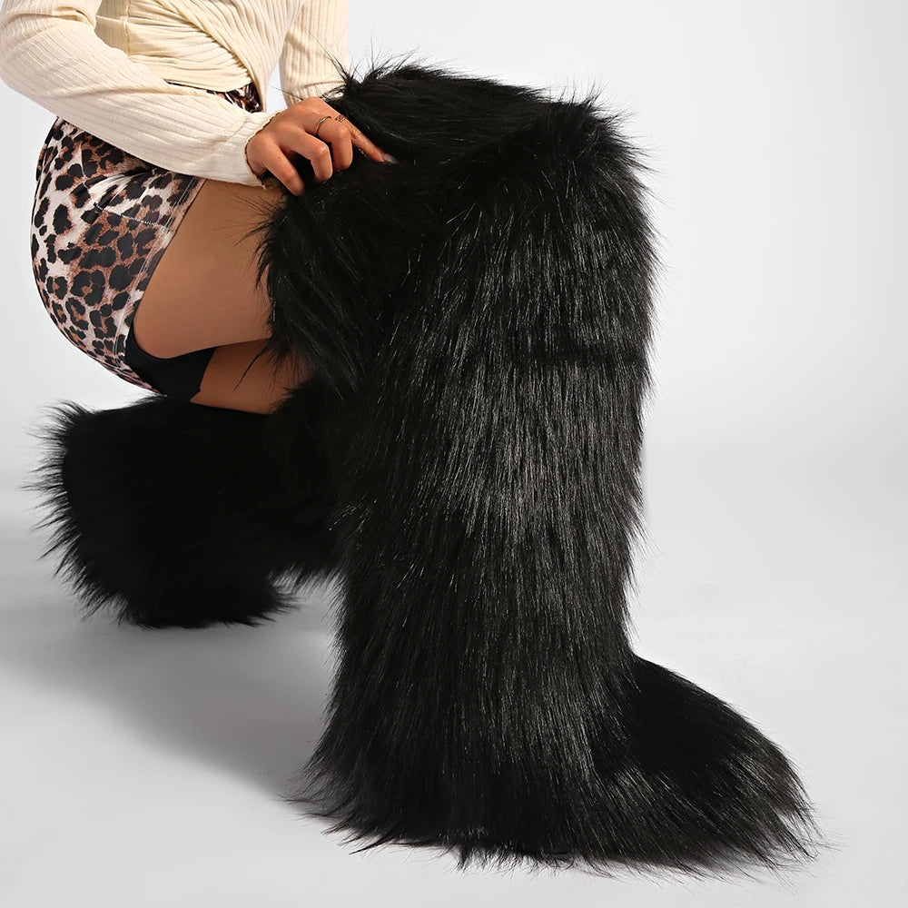 Women's Cozy Faux Fur over the Knee Boots Thigh High Fluffy Y2K Furry Fuzzy Warm Outdoor Comfortable Girls Boot