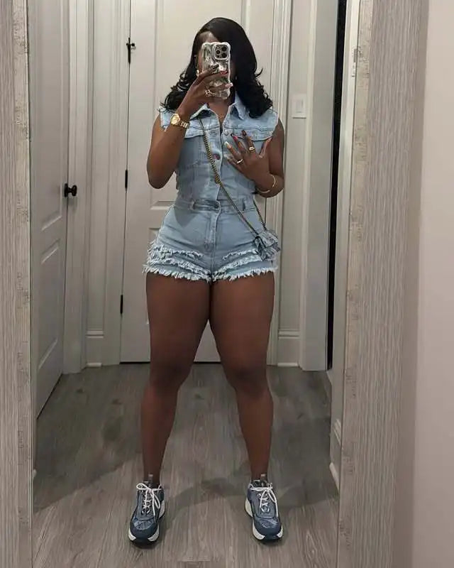 CM.YAYA Women V-neck Short Sleeve Denim tassel Short Jumpsuit Playsuits 2025 Summer Street Party Jeans Romper One Piece Outfits