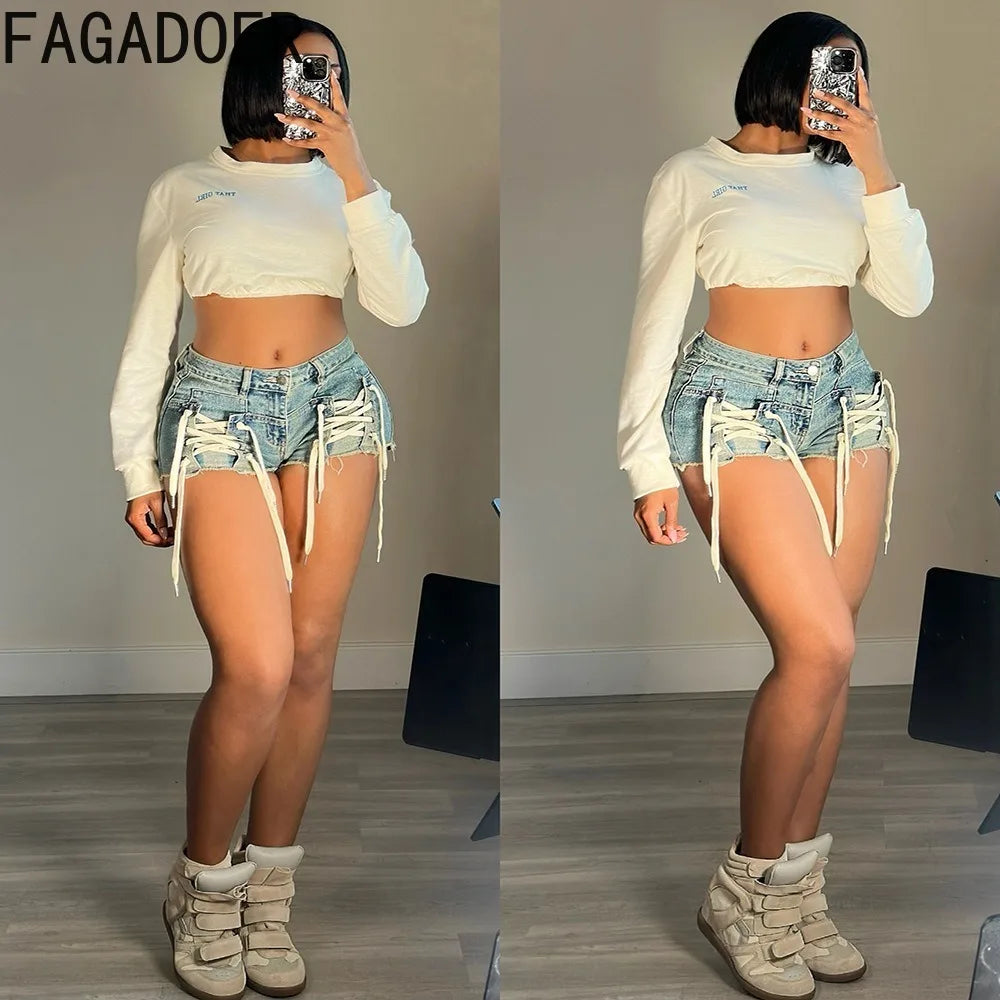 FAGADOER Fashion Hot Girl Street Lace Up Jean Shorts Women High Waisted Button Slim Denim Shorts Female Bandage Cowboy Bottoms