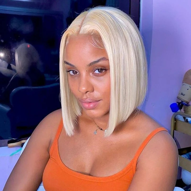 613 Honey Blonde 13x4 HD Transparent Lace Short Bob Wig Pre-Plucked Straight Full Frontal Human Hair Wig for Women