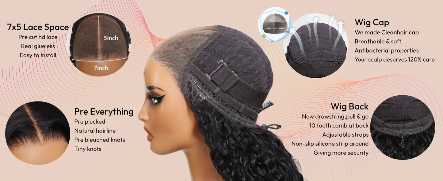 UNice Honey Blonde Highlights Body Wave Human Hair Wig With Drawstring 7x5 Lace Pre Cut Pre Bleached Glueless Wig 150% Density