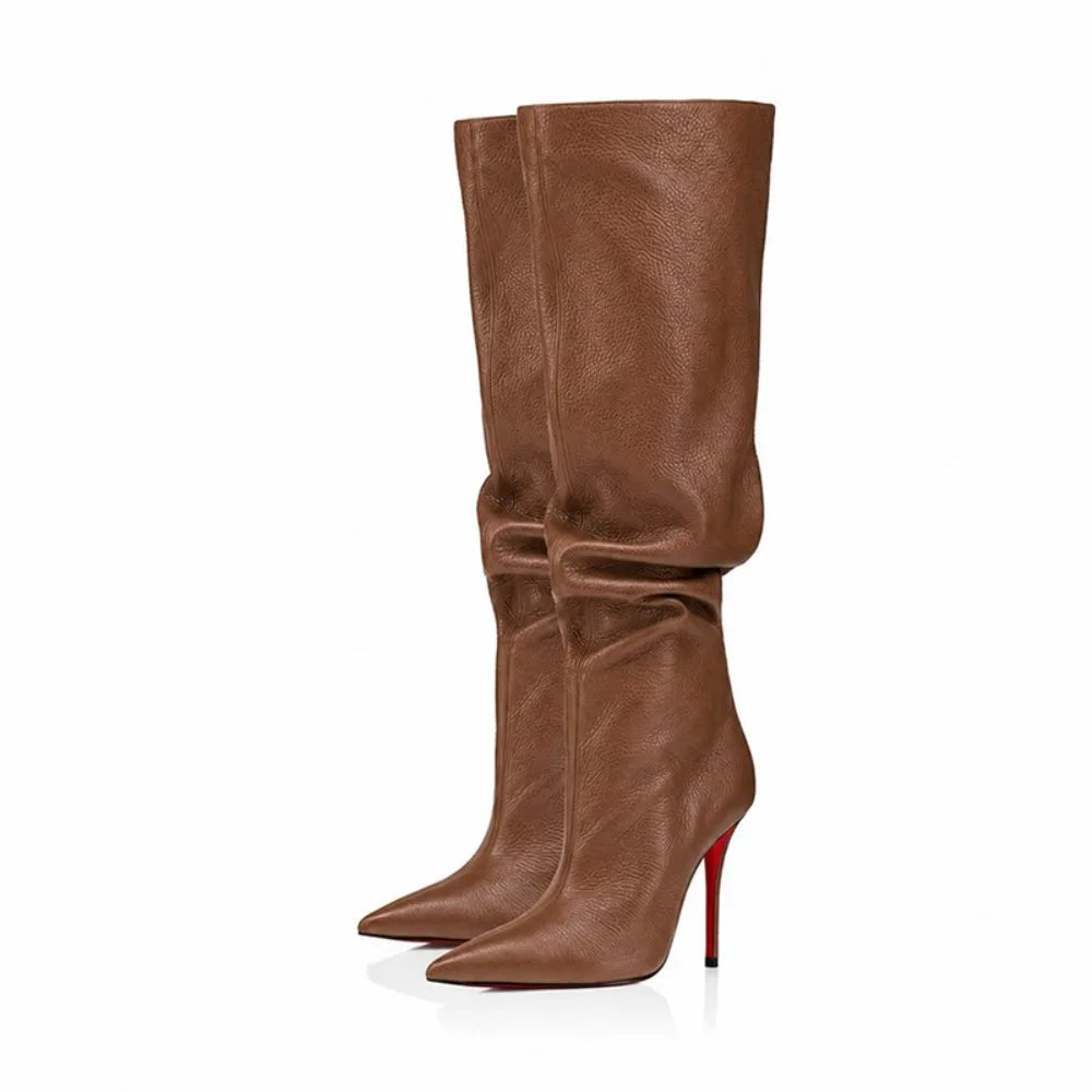 Ladies Ruched Knee‑High Leather Boots Pointed Toe Thin Stiletto Heel Long Booties Chic Dress Shoes for Club & Urban Occasions