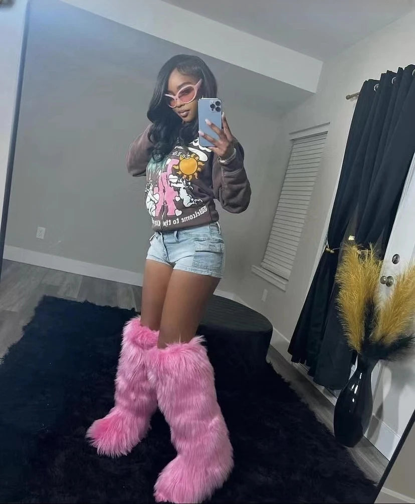 Winter Women Snow Boots Faux Fur Long Boots Warm Plush Platform Knee-high Boot Outdoor Furry Cute Over-the-knee Boots Girls Y2K