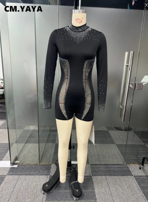 CM.YAYA Women Diamonds Mesh Patchwork Long Sleeve Playsuits Short Jumpsuits 2025 Spring Sexy Party Club One Piece Outfit Rompers