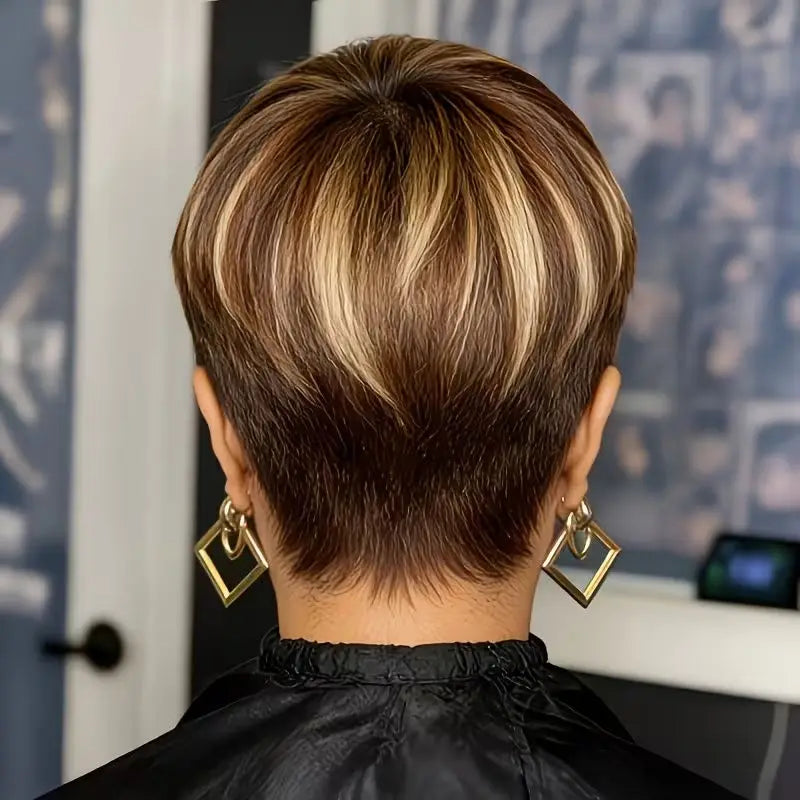 Straight Pixie Cut Human Hair Wig Full Machine Made With Bangs Brown Blonde Highlight 6Inch Short Wig For Black Women Daily Wear