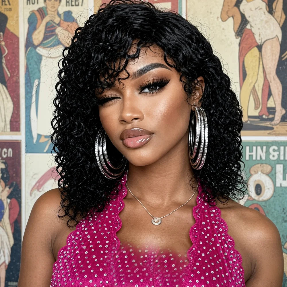 Full Machine Made Short Curly Human Hair Wigs for Women, Natural Fluffy Tight Curly Human Hair Wig with Fringe Bangs, Comfortabl