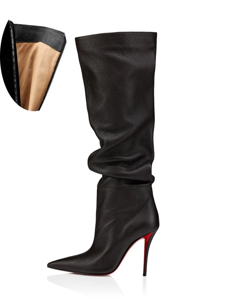 Ladies Ruched Knee‑High Leather Boots Pointed Toe Thin Stiletto Heel Long Booties Chic Dress Shoes for Club & Urban Occasions