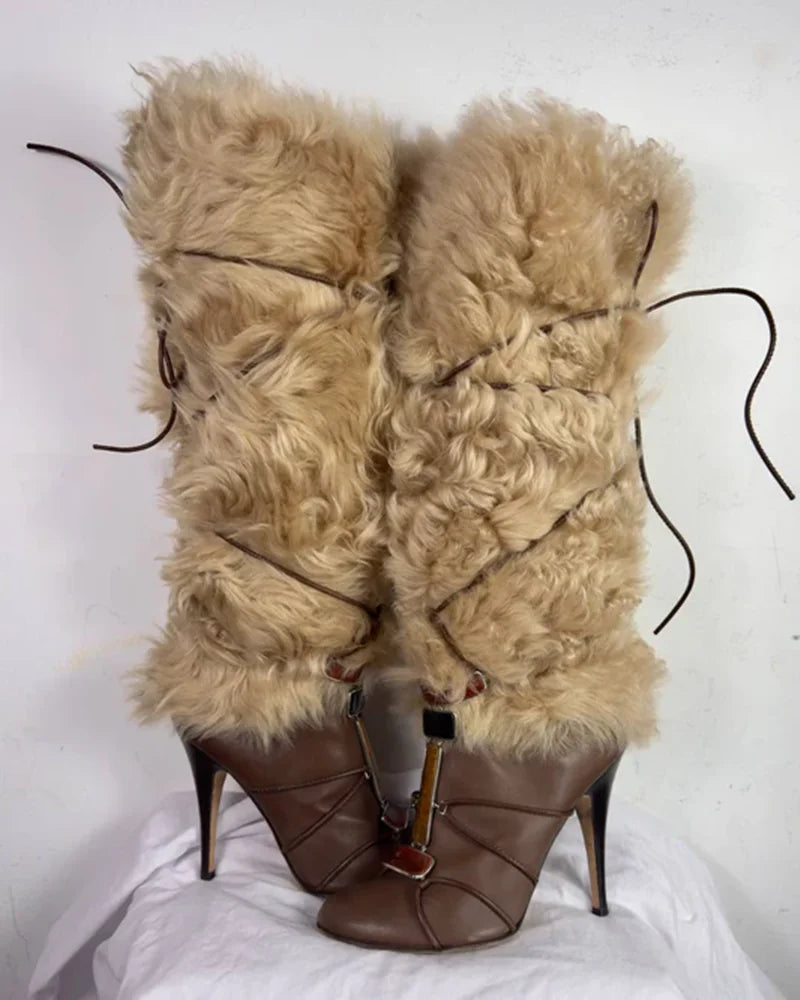 Beige Faux Fur Knee-High Stiletto Boots Brown Lace-Up Colorful Gemstone Decoration Fashion Round-Toe Women's Winter Boots