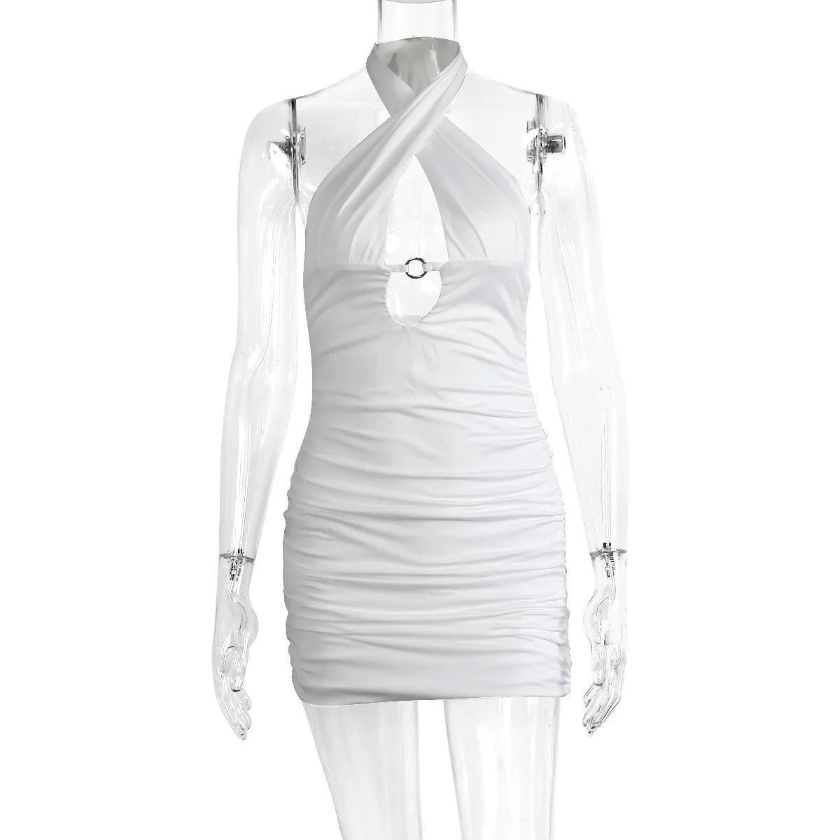 Josiaoprah Hollow Out Ruched Dress Women Solid Halter Sleeveless Mini Dress Women Summer Casual Pleated Streetwear Vestidos