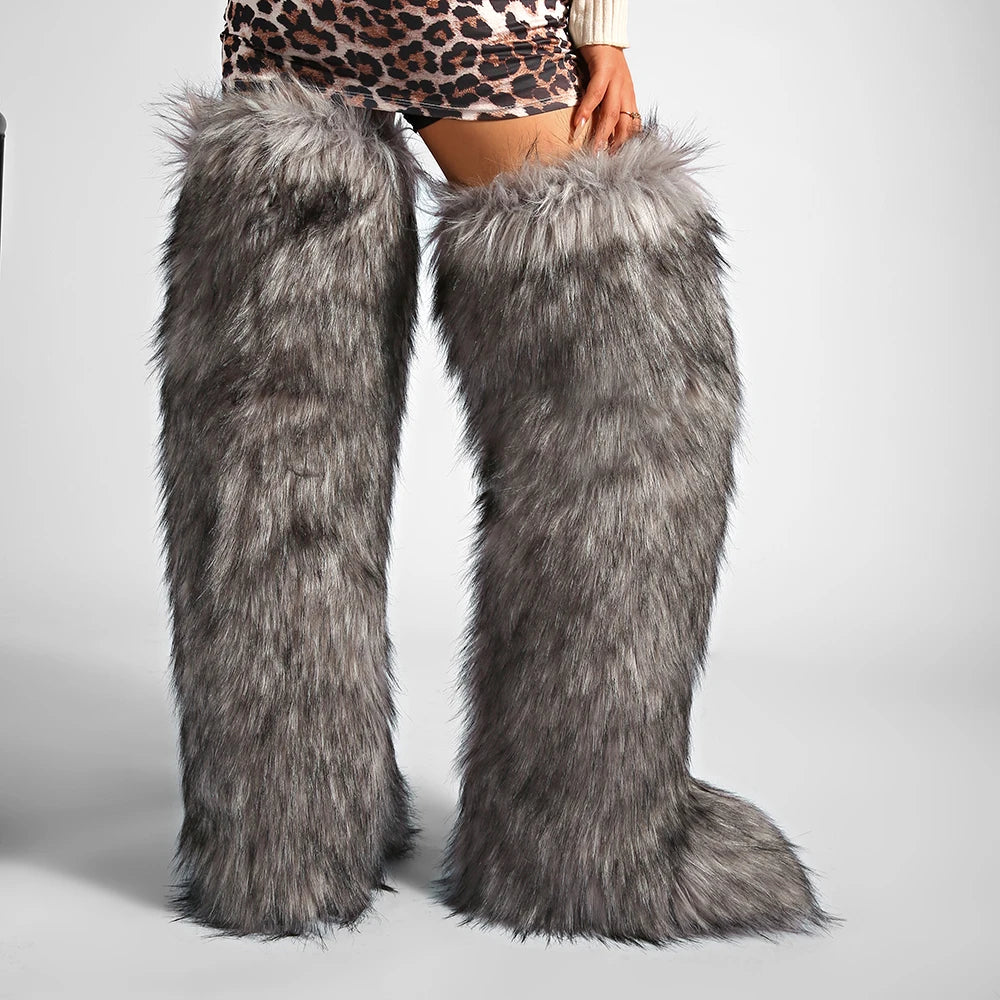 Women's Cozy Faux Fur over the Knee Boots Thigh High Fluffy Y2K Furry Fuzzy Warm Outdoor Comfortable Girls Boot