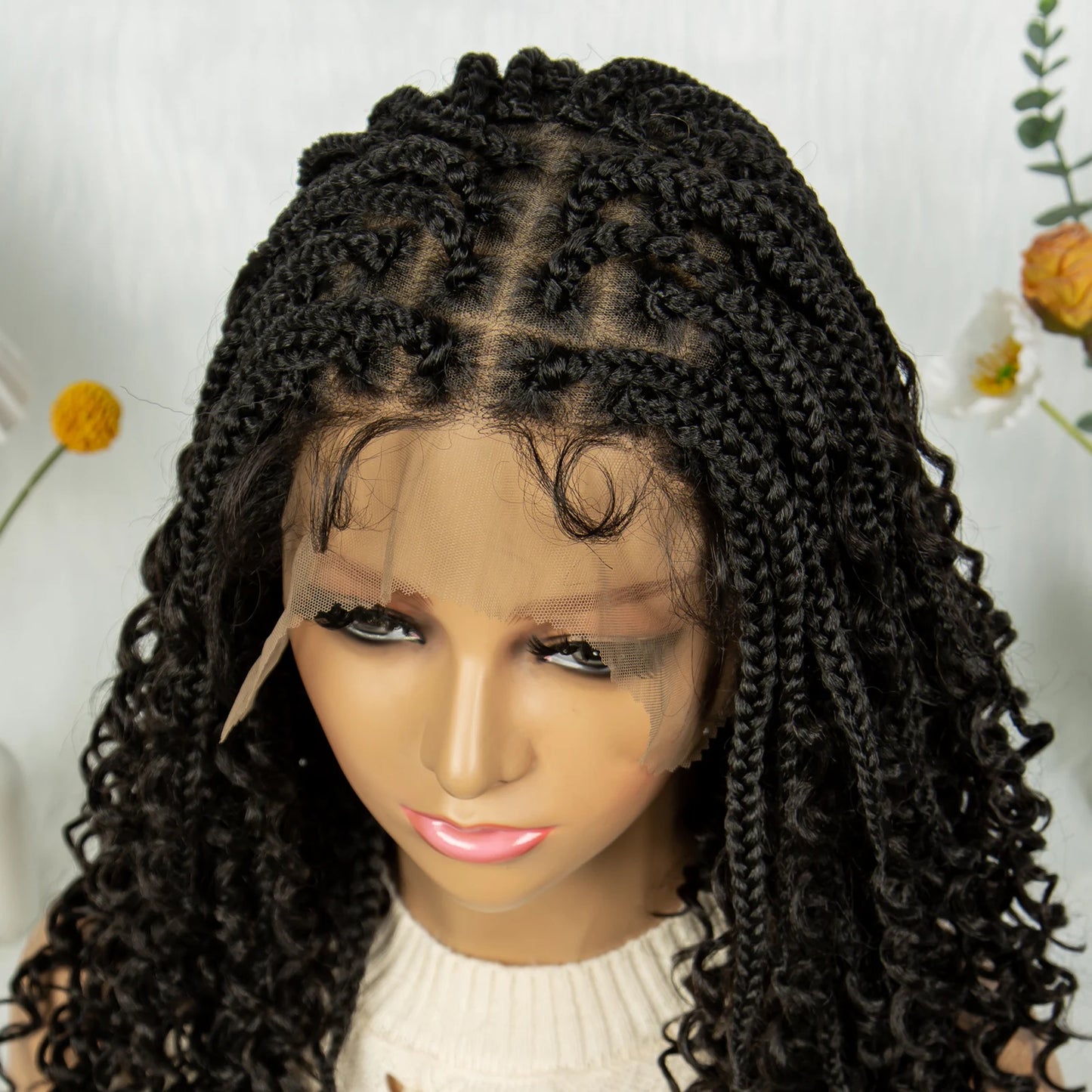 Kima Short Bohemian Box Braids Braided Wig Full Lace Boho Braided Wigs Synthetic Curly Hair with Baby Hair for Black Women