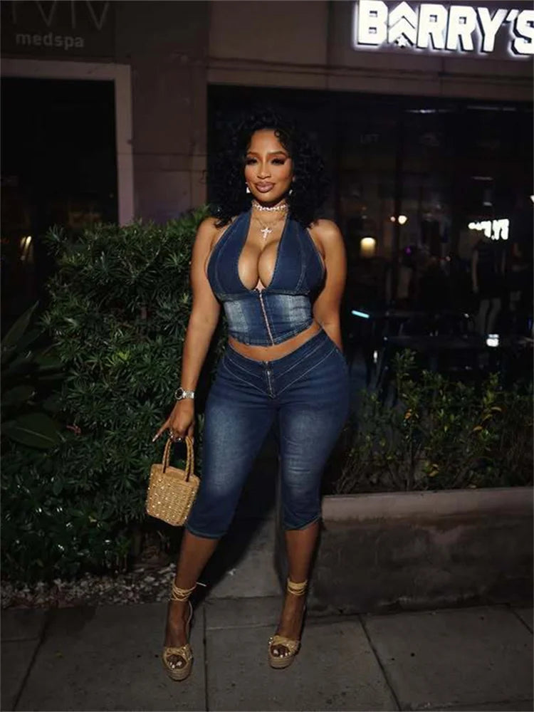 Cutenew Women Denim 2 Piece Set  Summer Halter Wrap Chest Backless Zip Halter Tops+Shorts Matching Hipster Vintage Streetwear