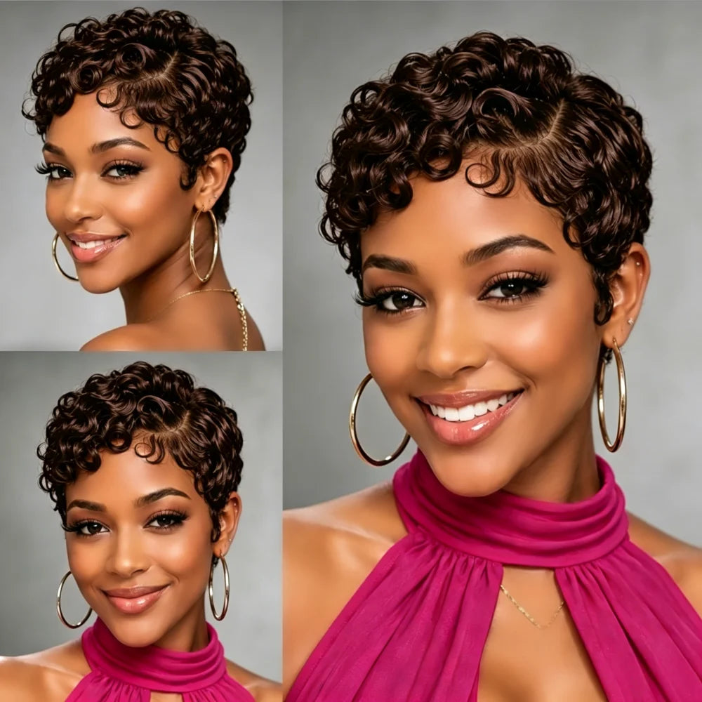 13x4 Lace Front Short Curly Human Hair Wig, Tiny Curls Pixie Cut Hair Wigs for African American Women