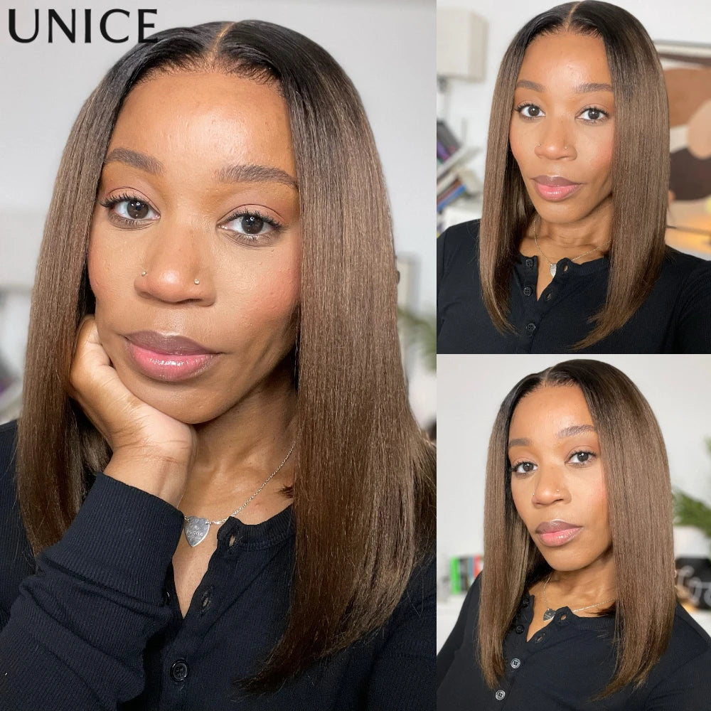 UNice Hair 7x5 & 13x4 Lace Chestnut Brown Ombre Yaki Straight Bob Wig With Drawstring Pre Cut Pre Bleached Glueless Wig Human Hair Ready To Wear