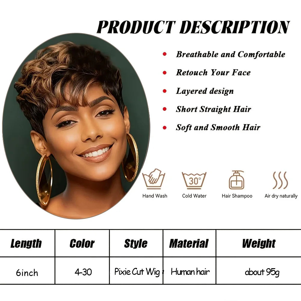 Curly Human Hair Wigs Pixie Cut Wig Coffee Brown 100%Human Hair Wig Short Kinky Curly Human Hair Full Machine Wig