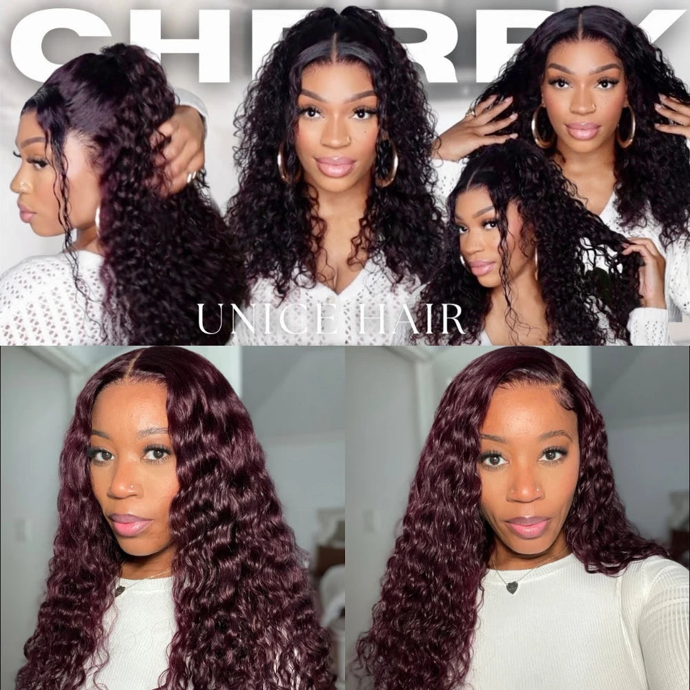 UNice Pre Everything 13x4 Lace Frontal Black Cherry Water Wave Human Hair Wig Pre Ear Tape Peel & Stick Glueless Wig Ready-to-go