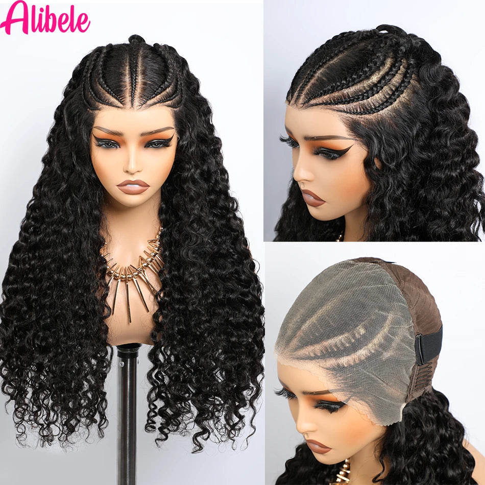 Alibele Pre-Braided Wig 13x6 Full Lace Frontal Human Hair Wigs Water Wave 13x6 200% Density Water Wave Wig Natural Black Color