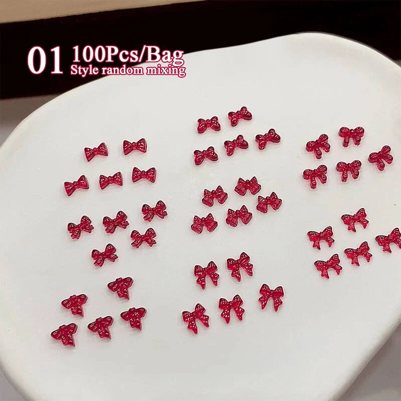 100/200pcs 3D Mixed Nail Decorations Kawaii Heart Flower Bear Pearl Design Rhinestone Nail Art Charms Jewelry Manicure Accessory