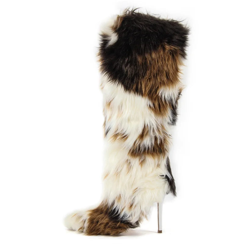 Onlymaker  Women Knee High Boots Thin High Heel Furry Boots Faux Fur Fury Boots Winter Plush Boots