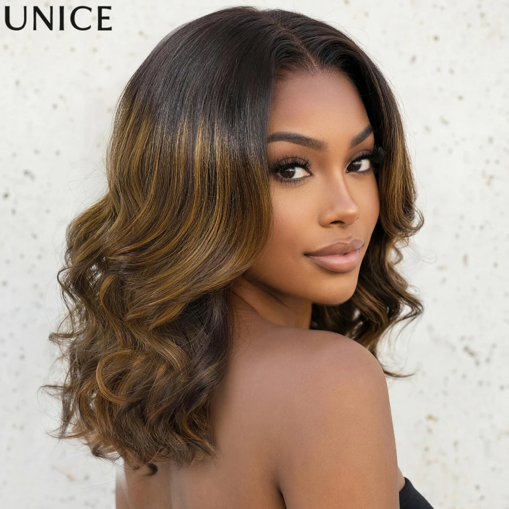 UNice 7x5 Bye Bye Slip™ Lace Balayage Highlight Wavy Bob Wig With Drawstring Put On & Go Glueless Human Hair Wig Ready To Wear