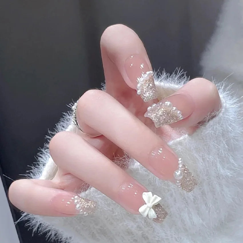 Glitter Fairy Rhinestone False nail Tips for Bride lady Wearable Sweet Crystal Design Press on Nails Mid Length Fake Nail Patch