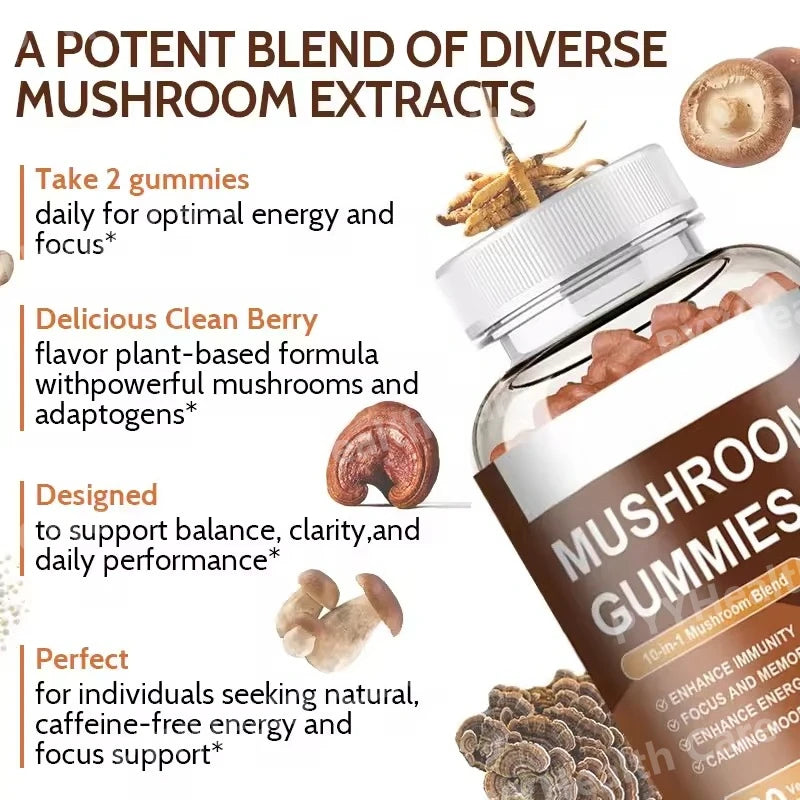 Mushroom Gummies Brain Boosting and Immune Support Agents Lion's Mane Mushrooms Ganoderma Lucidum Intellectual and Relaxing