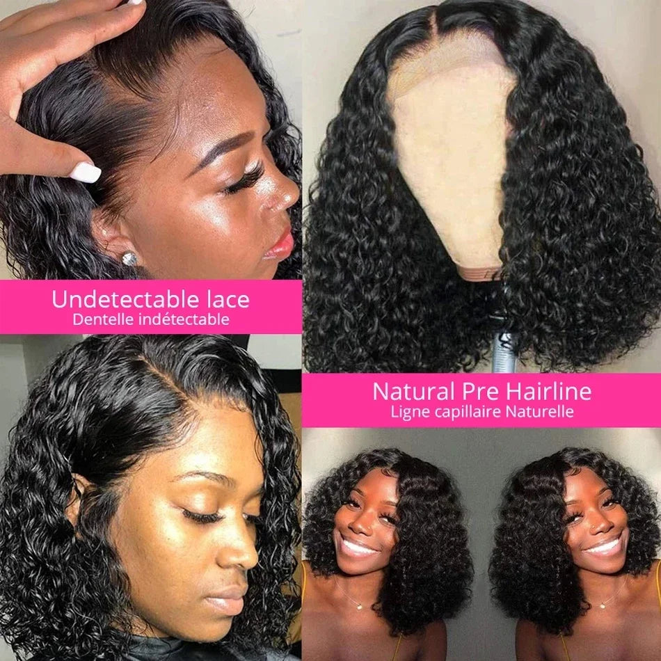 4C Human Hair Deep Glueless Short Bob Wig 10-14 Inch Deep Wave Lace Front Bob Wigs 100% Human Hair 13x6x2 Middle Part Bob Wigs