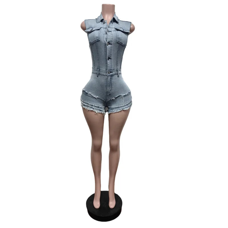 CM.YAYA Women V-neck Short Sleeve Denim tassel Short Jumpsuit Playsuits 2025 Summer Street Party Jeans Romper One Piece Outfits